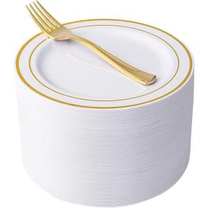 imageNervure 204PCS Gold Dessert Plates with Forks  102PCS 75inch Disposable Gold Plastic Plates and 102PCS Plastic Forks Perfect for Salads Desserts Parties Catering Christmas ampamp Party ampamp Fathers DayGold