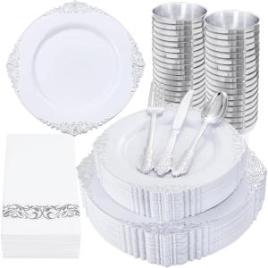 imageNervure 350PCS Silver Plastic Dinnerware  White and Silver Disposable Plates for 50 Guests  100 Disposable Plates 150 Plastic Silverware 50 Cups 50 Napkins for Wedding ampamp PartySilver