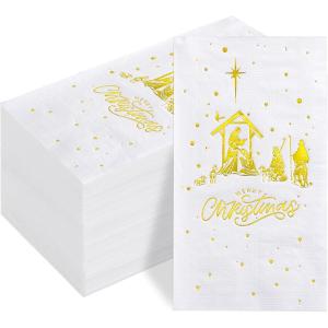 imageNervure 100PCS Christmas Nativity Paper Napkins Scene  The Birth of Jesus Scene Dinner Napkins  Disposable White Gold Paper Napkins Hand Towels for Dinner Holiday Xmas Party Christmas Eve Decor