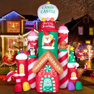 imageNervure 10FT Christmas Castle Inflatable  Christmas Inflatables Castle Candy Santa Reindeer Gingerbread Penguin with Colorful LED Lights for Christmas Yard Garden Outdoor Indoor DecorationsChristmas Castle