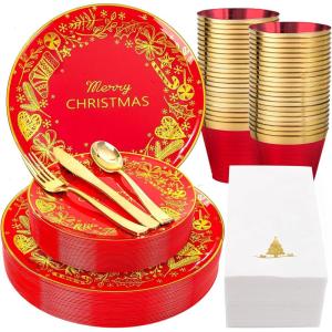 imageNervure 175Pcs Christmas Plates Disposable  Christmas Plastic Plates  Red and Gold Christmas Dinnerware Set for 25 Guests Include 50 Red Plates 75 Silverware 25Cups 25Napkins for Xmas PartyRed