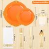 imageNervure 175PCS Orange Plastic Plates  Orange and Gold Disposable Plates for 25 Guests Include 50Plates 25Cups 25Forks 25Knives 25Spoons 25Napkins for Wedding ampamp PartyOrange