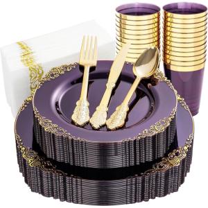 imageNervure 175PCS Orange Plastic Plates  Orange and Gold Disposable Plates for 25 Guests Include 50Plates 25Cups 25Forks 25Knives 25Spoons 25Napkins for Wedding ampamp PartyTransparent Purple