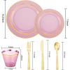 imageNervure 150Pcs Clear Plastic Plates with Gold Hammered Silverware include 25Dinner Plate 25Dessert Plate 25Knives 25Forks 25Spoons and 25Cups for Wedding ampamp Parties ampamp ThanksgivingClear Purple