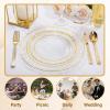 imageNervure 150Pcs Clear Plastic Plates with Gold Hammered Silverware include 25Dinner Plate 25Dessert Plate 25Knives 25Forks 25Spoons and 25Cups for Wedding ampamp Parties ampamp ThanksgivingClear