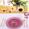 imageNervure 150Pcs Clear Plastic Plates with Gold Hammered Silverware include 25Dinner Plate 25Dessert Plate 25Knives 25Forks 25Spoons and 25Cups for Wedding ampamp Parties ampamp ThanksgivingClear Purple