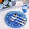 imageNervure 150Pcs Clear Plastic Plates with Gold Hammered Silverware include 25Dinner Plate 25Dessert Plate 25Knives 25Forks 25Spoons and 25Cups for Wedding ampamp Parties ampamp ThanksgivingClear Blue