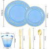 imageNervure 150Pcs Clear Plastic Plates with Gold Hammered Silverware include 25Dinner Plate 25Dessert Plate 25Knives 25Forks 25Spoons and 25Cups for Wedding ampamp Parties ampamp ThanksgivingClear Blue