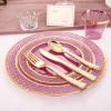 imageNervure 150Pcs Clear Plastic Plates with Gold Hammered Silverware include 25Dinner Plate 25Dessert Plate 25Knives 25Forks 25Spoons and 25Cups for Wedding ampamp Parties ampamp ThanksgivingClear Purple