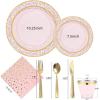imageNervure 150Pcs Clear Plastic Plates with Gold Hammered Silverware include 25Dinner Plate 25Dessert Plate 25Knives 25Forks 25Spoons and 25Cups for Wedding ampamp Parties ampamp ThanksgivingClear Pink