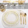 imageNervure 150Pcs Clear Plastic Plates with Gold Hammered Silverware include 25Dinner Plate 25Dessert Plate 25Knives 25Forks 25Spoons and 25Cups for Wedding ampamp Parties ampamp ThanksgivingClear