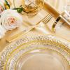 imageNervure 150Pcs Clear Plastic Plates with Gold Hammered Silverware include 25Dinner Plate 25Dessert Plate 25Knives 25Forks 25Spoons and 25Cups for Wedding ampamp Parties ampamp ThanksgivingClear