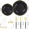 imageNervure 175PCS Black Plastic Plates  Gold Plastic Plates Sets for 25 Guests Include 25Dinner Plates 25Dessert Plates 25Cups 25Forks 25Knives 25Spoons 25Napkins for Parties ampamp New Years Day