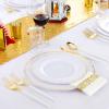 imageNervure 175PCS Gold Plastic Plates ampamp Gold Plastic Silverware with White Handle  Gold Disposable Plates include 50Plates 25Forks 25Spoons 25Knives 25Cups 25Napkins for Weddings ampamp Thanksgiving