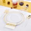 imageNervure 175PCS Gold Plastic Plates ampamp Gold Plastic Silverware with White Handle  Gold Disposable Plates include 50Plates 25Forks 25Spoons 25Knives 25Cups 25Napkins for Weddings ampamp Thanksgiving