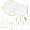 imageNervure 175PCS Gold Plastic Plates ampamp Gold Plastic Silverware with White Handle  Gold Disposable Plates include 50Plates 25Forks 25Spoons 25Knives 25Cups 25Napkins for Weddings ampamp Thanksgiving