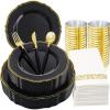imageNervure 175PCS Black Plastic Plates  Gold Plastic Plates Sets for 25 Guests Include 25Dinner Plates 25Dessert Plates 25Cups 25Forks 25Knives 25Spoons 25Napkins for Parties ampamp New Years Day