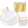 imageNervure 175PCS Gold Plastic Plates ampamp Gold Plastic Silverware with White Handle  Gold Disposable Plates include 50Plates 25Forks 25Spoons 25Knives 25Cups 25Napkins for Weddings ampamp Thanksgiving