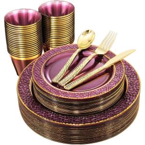 imageNervure 150Pcs Clear Plastic Plates with Gold Hammered Silverware include 25Dinner Plate 25Dessert Plate 25Knives 25Forks 25Spoons and 25Cups for Wedding ampamp Parties ampamp ThanksgivingClear Purple
