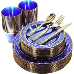 imageNervure 150Pcs Clear Plastic Plates with Gold Hammered Silverware include 25Dinner Plate 25Dessert Plate 25Knives 25Forks 25Spoons and 25Cups for Wedding ampamp Parties ampamp ThanksgivingClear Blue