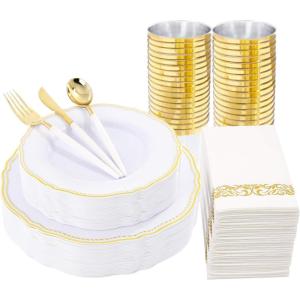 imageNervure 175PCS Gold Plastic Plates ampamp Gold Plastic Silverware with White Handle  Gold Disposable Plates include 50Plates 25Forks 25Spoons 25Knives 25Cups 25Napkins for Weddings ampamp Thanksgiving