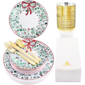 imageNervure 175PCS Christmas Plastic Plates  Christmas Plates and Napkins include 25Dinner Plates 25Dessert Plates 25Forks 25Knives 25Spoons 25Cups 25Christmas Napkins for Christmas Party
