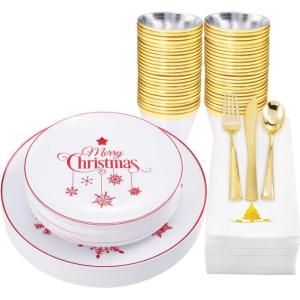 imageNervure 175PCS Christmas Plastic PlatesampampGold Plastic Silverware for Merry ChristmasampampParty includes 25Dinner Plates 25Dessert Plates 25Knives 25Forks 25Spoons 25Christmas Napkins