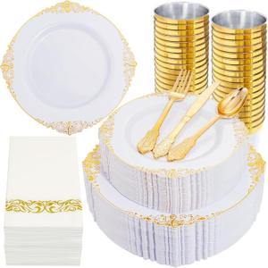imageNervure 350PCS Red Plastic Plates  White Red Plastic Dinnerware Set for 50 Guests  100 Red Disposable Plates 50 Pre Rolled Cutlery Set 50 Cups Perfect for Wedding Party ampamp ChristmasGold