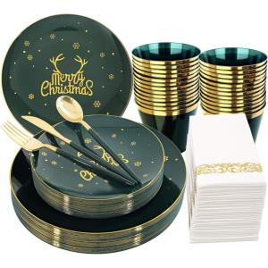 imagenervure 175pcs Green and Gold Disposable PlatesampampGold Plastic Silverware with Green Handle Include 50 Plates 25 Spoons 25 Knives 25 Forks 25 Cups 25Napkins