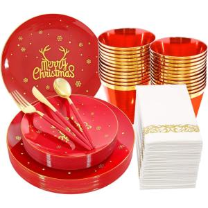 imagenervure 175pcs Red and Gold Disposable PlatesampampGold Plastic Silverware with Red Handle for Merry ChristmasampampParty includes 25Dinner Plates 25Dessert Plates 25Knives 25Forks 25Spoons 25Napkins