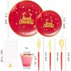imageNervure 175PCS Christmas Plastic Plates  Red and Gold Disposable Plates ampamp Gold Plastic Silverware with Red Handle include 50 Plates 25Knives 25Forks 25Spoons 25Napkins for Christmas PartyRed