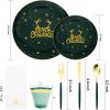 imageNervure 175PCS Christmas Plastic Plates  Green and Gold Disposable Plates ampamp Gold Plastic Silverware with Green Handle include 50 Plates 25Knives 25Forks 25Spoons 25Napkins for Christmas PartyGreen