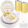 imageNervure 175PCS Christmas Plastic Plates  White and Gold Disposable Plates Sets Include 25Dinner Plate 25Dessert Plate 25Forks 25Knives 25Spoons 25Cups 25 Napkins Perfect for Christmas PartyTraditional Merry Christams