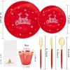 imageNervure 175PCS Christmas Plastic Plates  White and Silver Disposable Plates ampamp Silver Plastic Silverware with White Handle include 50 Plates 25Knives 25Forks 25Spoons 25Napkins for Christmas PartyRedWhite