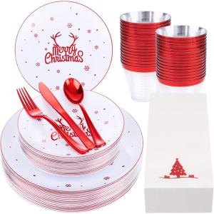 imageNervure 175PCS Christmas Plastic Plates  White and Silver Disposable Plates ampamp Silver Plastic Silverware with White Handle include 50 Plates 25Knives 25Forks 25Spoons 25Napkins for Christmas PartyWhite