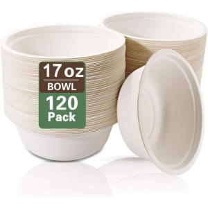 imageNervure 120PCS Biodegradable Paper Bowls  30OZ Compostable Bowls Heavy Duty NatureMade by 100 Sugar Cane Fibers Microwave Hot Food Safe16OZ