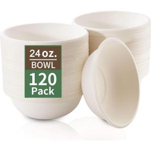 imageNervure 120PCS Biodegradable Paper Bowls  30OZ Compostable Bowls Heavy Duty NatureMade by 100 Sugar Cane Fibers Microwave Hot Food Safe24OZ