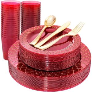 imageNervure 150PCS Clear Red Plastic Plates with Gold Rim  Red Party Plate  Disposable Gold Plate Include 50Plates 25Knives 25Forks 25Spoons 25Cups for Wedding ampamp Party ampamp Christmas