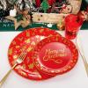 imageNervure 150PCS Christmas Plastic Plates  Disposable Christmas Red Plates  Christmas Plastic Dinnerware includes 25Dinner Plates 25Dessert Plates 25Knives 25Forks 25Spoons 25Cups for Christmas