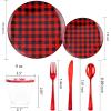 imageNervure 150PCS Red and Black Plastic Plates  Disposable Buffalo Plaid Plastic Plates  Plaid Christmas Plates Include 50Plates 25Knives 25Forks 25Spoon 25Cup for Party ampamp Wedding