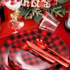 imageNervure 150PCS Red and Black Plastic Plates  Disposable Buffalo Plaid Plastic Plates  Plaid Christmas Plates Include 50Plates 25Knives 25Forks 25Spoon 25Cup for Party ampamp Wedding