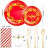 imageNervure 175PCS Christmas Plastic Plates  Christmas Red and Gold Disposable Plates Include 25Dinner Plates 25Dessert Plates 75Silverware 25Cups 25 Napkins for Christmas Party