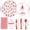 imageNervure 175PCS Christmas Plastic Plates  Withe and Red Disposable Plates  Christmas Tree Plates Include 25Dinner Plates 25Dessert Plates 75Silverware 25Cups 25 Napkins for Christmas Party