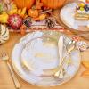 imageNervure 175PCS Thanksgiving Plastic Plates ampamp Pre Rolled Napkins Gold Plastic Cutlery Include 25Dinner Plate 25Dessert Plate 25Cups 25Knives 25Forks 25Spoons 25Napkins for ThanksgivingWhite Gold
