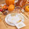 imageNervure 175PCS Thanksgiving Plastic Plates ampamp Pre Rolled Napkins Gold Plastic Cutlery Include 25Dinner Plate 25Dessert Plate 25Cups 25Knives 25Forks 25Spoons 25Napkins for ThanksgivingWhite Gold