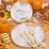 imageNervure 175PCS Thanksgiving Plastic Plates ampamp Pre Rolled Napkins Gold Plastic Cutlery Include 25Dinner Plate 25Dessert Plate 25Cups 25Knives 25Forks 25Spoons 25Napkins for ThanksgivingWhite Gold