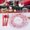 imageNervure 175Pcs Christmas Plates Disposable  Christmas Plastic Plates  Red Christmas Dinnerware Set for 25 Guests Include 50 Red Plates 75 Silverware 25Cups 25Napkins for Xmas Party