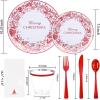 imageNervure 175Pcs Christmas Plates Disposable  Christmas Plastic Plates  Red Christmas Dinnerware Set for 25 Guests Include 50 Red Plates 75 Silverware 25Cups 25Napkins for Xmas Party