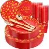 imageNervure 150PCS Christmas Plastic Plates  Disposable Christmas Red Plates  Christmas Plastic Dinnerware includes 25Dinner Plates 25Dessert Plates 25Knives 25Forks 25Spoons 25Cups for Christmas