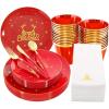 imageNervure 175PCS Christmas Plastic Plates  White and Gold Disposable Plates ampamp Gold Plastic Silverware with White Handle include 50 Plates 25Knives 25Forks 25Spoons 25Napkins for Christmas PartyRed